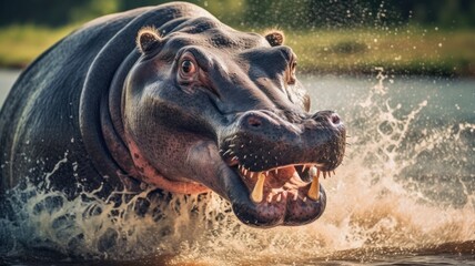 Aggressive Hippo Male Intimidating with a Car Attack in African Wildlife Habitat.