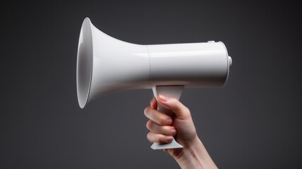 Alert Female Voice: A White Loudspeaker Megaphone for Public Support and Speaking Out on Grey Background