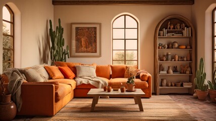 Anglo-Saxon Inspired Graphic of Rustic Southwestern Mexican Living Room with Warm Colors and Ocher Accents Featuring Amerindian Elements and Sand-In