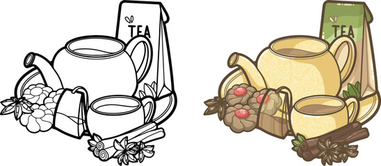 vector illustration Tea time with biscuits, green tea, cinnamon rolls - Illustration for kids books, recipes,  gift card, menu - Kawaii style dessert and cake, restaurant, cafe shop