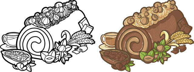 vector composition with chocolate rolled log cake with cocoa beans, wheat, hazelnuts, and a cup of coffee -  Illustration for kids books, recipes,  gift card, menu - Kawaii style dessert and cake, 