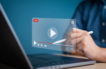 Watching videos on the internet, E-learning studying online classes and lessons on virtual screens....
