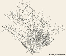 Detailed hand-drawn navigational urban street roads map of the Dutch city of BORNE, NETHERLANDS with solid road lines and name tag on vintage background