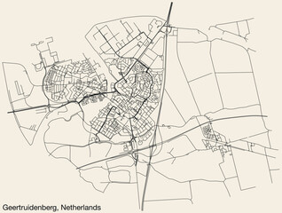 Detailed hand-drawn navigational urban street roads map of the Dutch city of GEERTRUIDENBERG, NETHERLANDS with solid road lines and name tag on vintage background - obrazy, fototapety, plakaty