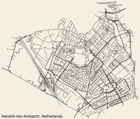 Fototapeta na wymiar Detailed hand-drawn navigational urban street roads map of the Dutch city of HENDRIK-IDO-AMBACHT, NETHERLANDS with solid road lines and name tag on vintage background