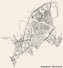Detailed hand-drawn navigational urban street roads map of the Dutch city of OEGSTGEEST, NETHERLANDS with solid road lines and name tag on vintage background