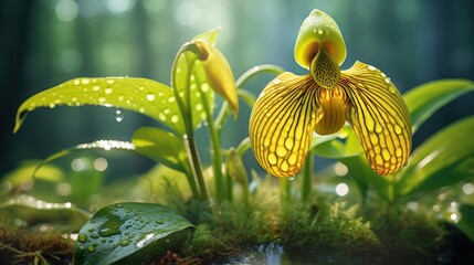 Beautiful yellow flowers Cypripedium calceolus on a green background