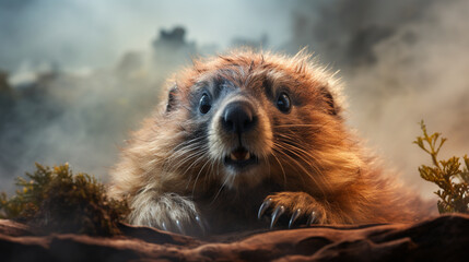 A groundhog poking its head out of the burrow, surrounded by a soft, ethereal mist on Groundhog Day, adding an air of mystery to the scene - obrazy, fototapety, plakaty