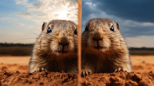 Groundhog Day predictions: A split image with one side showing a groundhog seeing its shadow and the other side portraying cloudy skies and no shadow