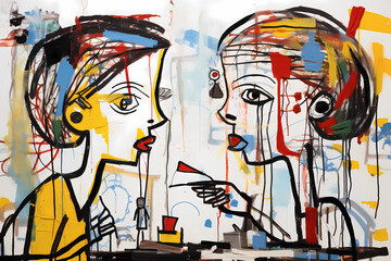 Conversation between two girls. Simple and naive childrens drawing of 2 kids talking. Abstract portrait of twin sisters playing together