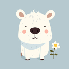 Funny white cartoon dog next to a flower. Cute pet daydreaming with eyes closed