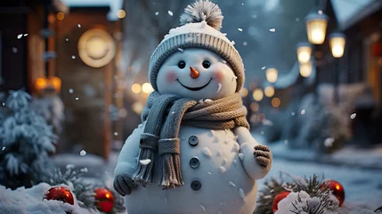 Fotobehang Greeting card for Merry Christmas and New year with cute snowman in a knitted hat and scarf dusted with snow standing in winter town © sommersby