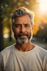Fototapeta premium full body portrait of senior black bearded male with short grey hair, wearing white t-shirt during late autumn sunset with a sunflares in the background. Generative AI.