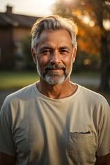 Fototapeta premium full body portrait of senior black bearded male with short grey hair, wearing white t-shirt during late autumn sunset with a sunflares in the background. Generative AI.