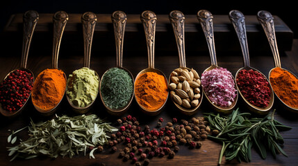 Wide top view banner wallpaper photograph of spices on in spoons with various traditional Sri Lankan spicy powders on a wooden table in manner   - obrazy, fototapety, plakaty