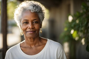 portrait of senior black woman with short flowing grey hair and striking green eyes, wearing white t-Shirt. Generative Ai.