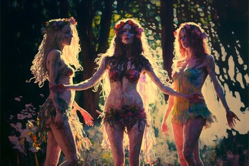 a distant view of a full body painting of 3 girls wearing a revealing sheer nighties playing and dancing in the forest at sunset revealing bodies wearing a small ripped and torn very transparent 
