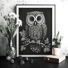black and white folk art print of an owl with big eyes 
