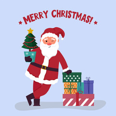 Cheerful Santa Claus with gifts.Illustration for Christmas. Postcard template. Vector. For packaging, cards, greetings and invitations, web pages and social networks.