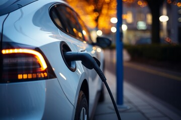 EV Power cable pump plug in charging power EV car  - obrazy, fototapety, plakaty
