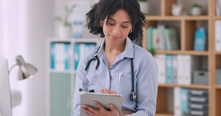 Tablet, thinking and woman doctor doing research in hospital for medical diagnosis or treatment. Idea, digital technology and female healthcare worker scroll on the internet for information in clinic