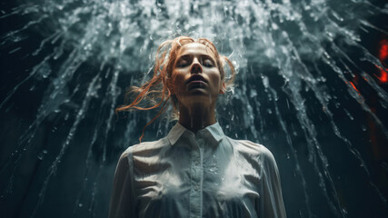 Young woman with red hair in a white shirt under the rain.