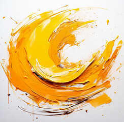 Żółto - pomarańczowy, gruby pas namalowany farbą olejną. Białe tło. - obrazy, fototapety, plakaty