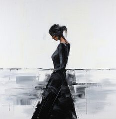Czarna postać kobiety namalowana farbą olejną na białym tle. Depresja, zdrowie psychiczne, sztuka terapeutyczna.