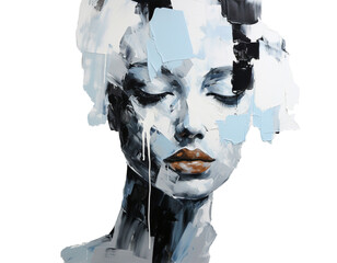 Portret głowy kobiety w czarnych i niebieskich barwach namalowany farbą olejną na białym tle. Depresja, zdrowie psychiczne, sztuka terapeutyczna. Ilustracja.