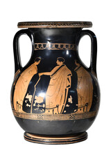 Ancient Greek vase with patterns and the image of ancient people on white background