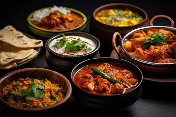 Bowls of indian food on dark background - obrazy, fototapety, plakaty