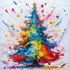 Abstrakcyjna, kolorowa choinka bożonarodzeniowa na białym tle namalowana grubą warstwą farby olejnej. 