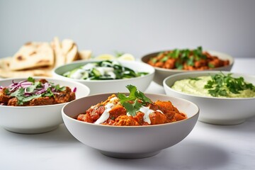 Bowls of indian food on light background