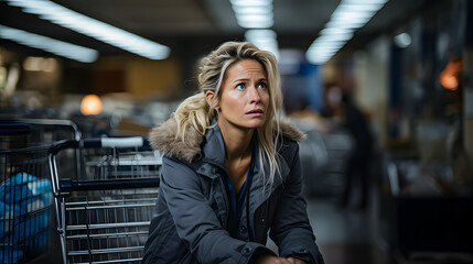 Woman scared by the price increase in the Supermarket. - obrazy, fototapety, plakaty