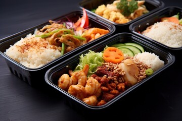 Ready to eat modern Thai food in take away plastic boxes.