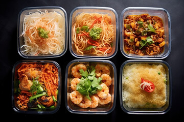 Ready to eat modern Thai food in take away plastic boxes.