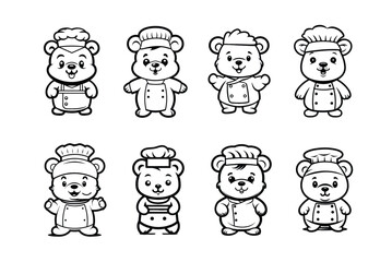 set of teddy bear chef black and white logo vector