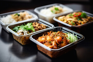 Ready to eat modern Thai food in take away plastic boxes.