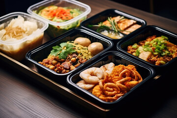 Ready to eat modern Thai food in take away plastic boxes.