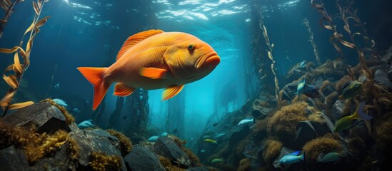 A grown Garibaldi swimming in a Catalina Island kelp forest With copyspace for text