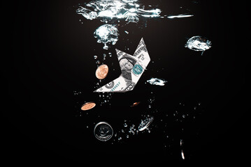 Ship made of dollar banknote sinking in water.
US Dollar sinking in water as symbol of global financiall crisis and uncertain future of international trade and investment.