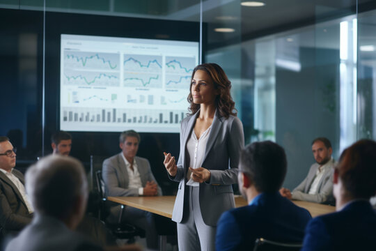 Confident businesswoman presents her business project 