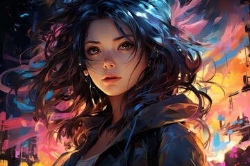 Fototapeta premium Portrait of woman with colorful messy hair stands on a busy street in a metropolis