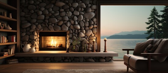 A living room on the west coast featuring a fireplace made of river rocks With copyspace for text