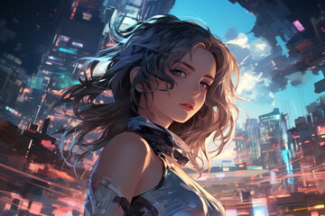 Portrait of woman with colorful, messy, and glowing hair stands on a busy street in a futuristic metropolis.