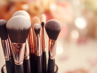 Assorted makeup brushes with copy space, beauty artist workspace, bunch of different brushes on blurred background - Powered by Adobe
