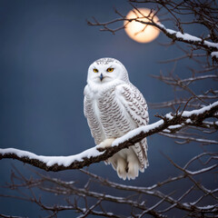 Snowy owl perched on tree with branch snow and full moon in dark blue sky