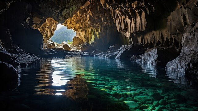 Underwater photo in a cave with very clear sea water