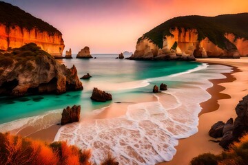 sunset over the pristine beach,A pristine beach stretches out beneath towering cliffs, leading to a tranquil bay