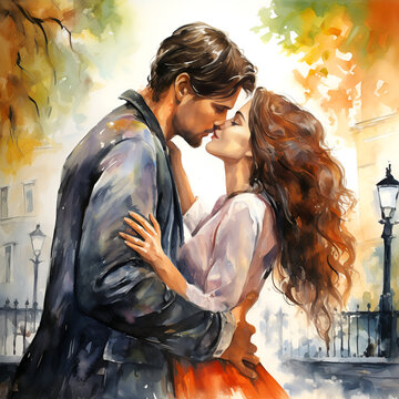 Gem&auml;lde Comic S&uuml;&szlig;ses P&auml;rchen kuscheln K&uuml;ssen mann und Frau Painting comic cute couple cuddling kissing man and woman